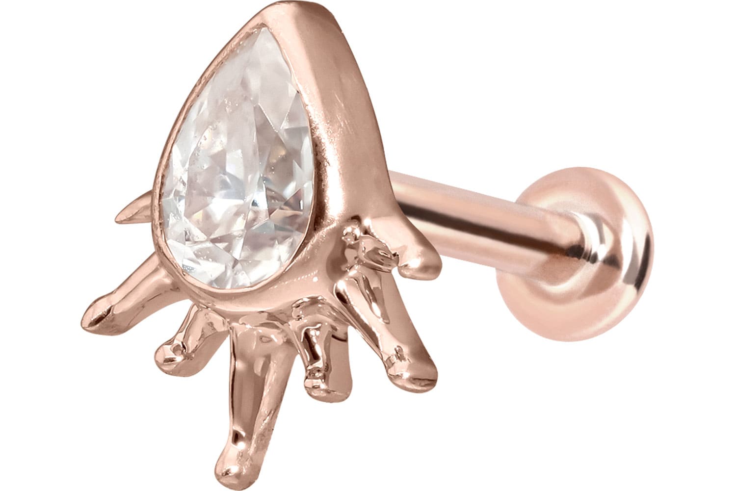 14 Karat Gold Labret Piercing mit Push Fit MOISSANIT-TROPFEN + SONNENSTRAHLEN